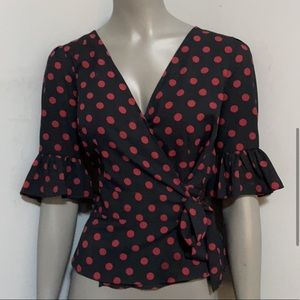 LIKE NEW EUC STEVE MADDEN/BB DAKOTA POLKA
DOT WRAP BLOUSE BELL SLEEVES Sz M